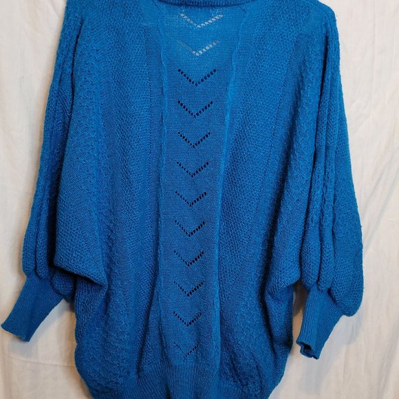 Vintage Pullover Sweater V Neck Batwing Oversize Acrylic Bright Blue Kathy White - Picture 8 of 10